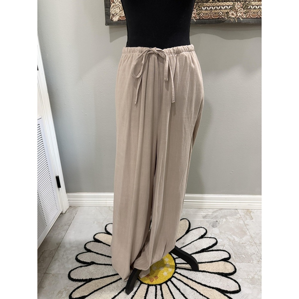 Fashion Pants Womens Large Beige Wide Leg Drawstring Elastic Waist Linen Casual